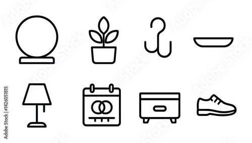Minimalistic home essentials icon set: linear style for modern interiors