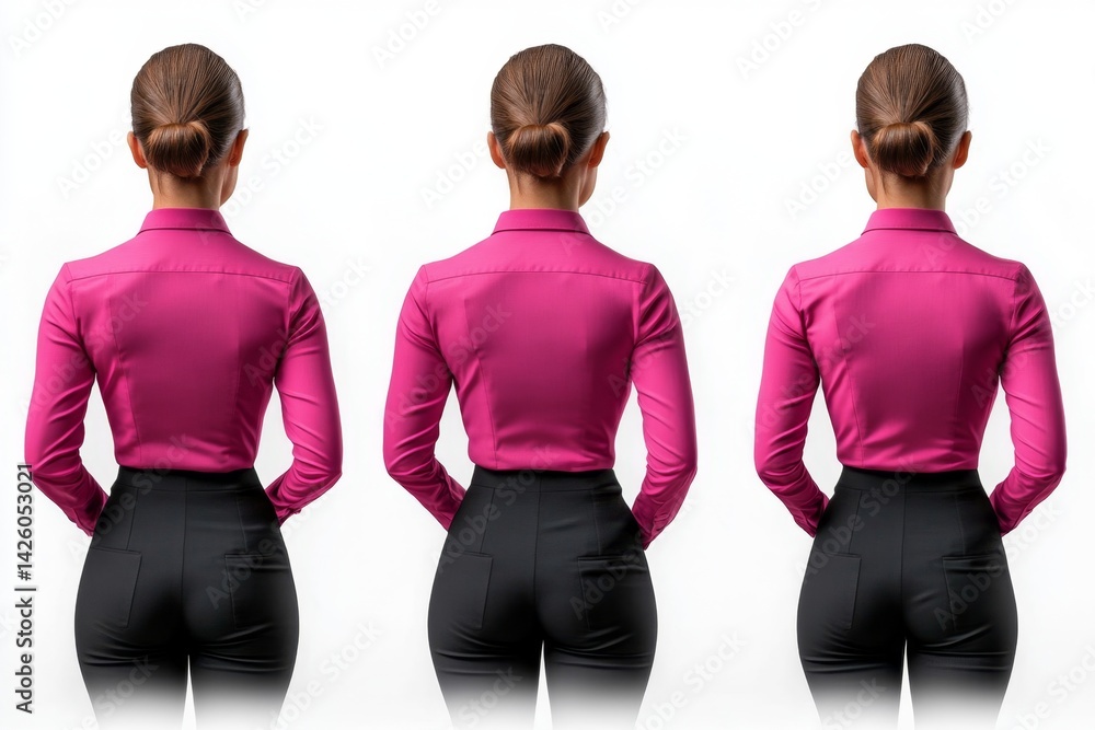 Obraz premium 3d realistic detailed illustration of multiple front and side poses of pink business woman long sleeve shirt, white background