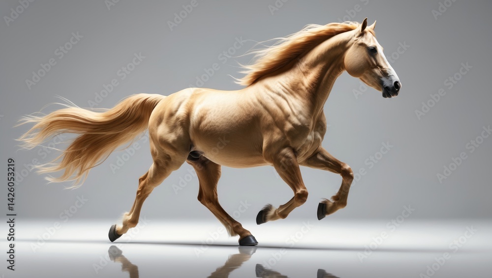 Obraz premium Palomino horse in full gallop with flowing mane against plain background