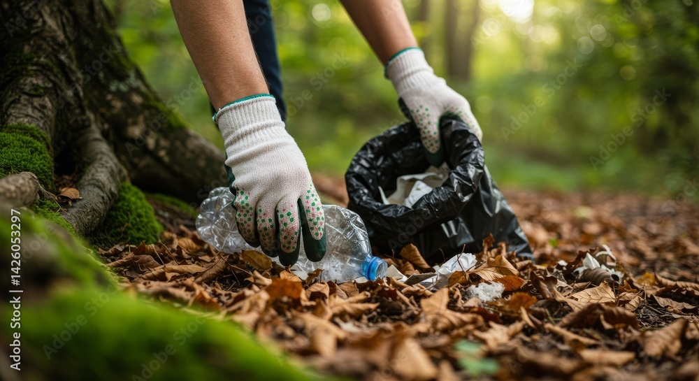 Person In White Gloves Collecting Trash In A Forest Person In White Gloves Collecting Trash In A Forest
