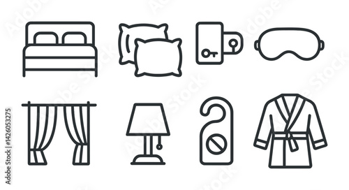 Set of hotel and hospitality icons in linear style: bed, pillow, curtains, lamp, and more
