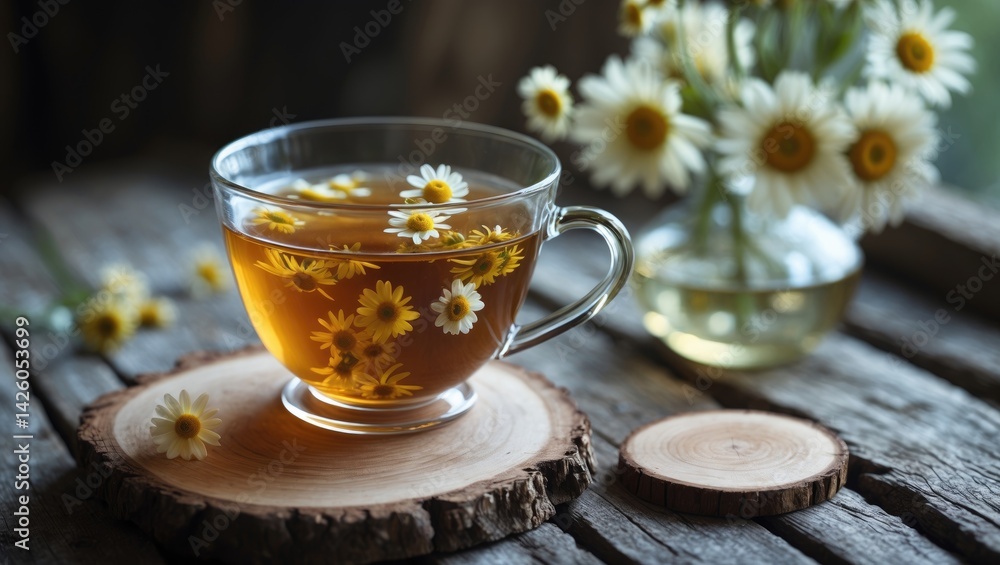 Relaxing herbal tea featuring chamomile flowers served on wood with a vase of white flowers nearby Relaxing herbal tea featuring chamomile flowers served on wood with a vase of white flowers nearby