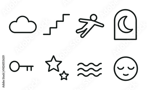 Minimalistic dream-themed icon set - cloud, stars, sleep, more in line style