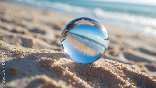 Fototapeta Naklejka Na Ścianę i Meble -  A glass ball on the Baltic Sea beach, reflecting a hazy scene with abstract and artistic elements.