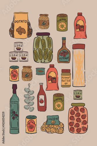 Illustration of pantry essentials including preserved vegetables, oils, canned foods, and sauces.