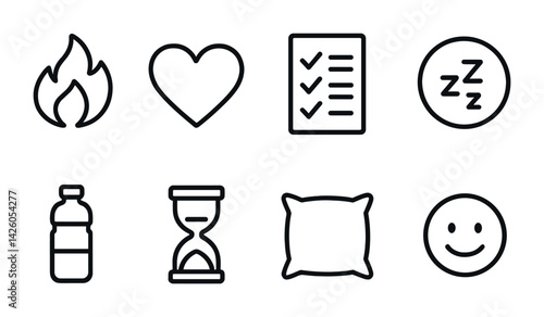 Sleep and relaxation icons set - linear outline style with pillow, heart, checklist, more