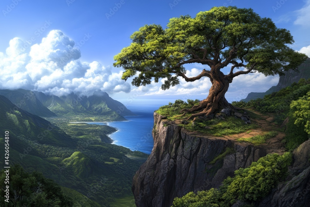 Obraz premium A breathtaking view of the vast ocean, with white clouds floating in the blue sky above. The scene is rendered in a realistic anime style, showcasing intricate details and vibrant colors that