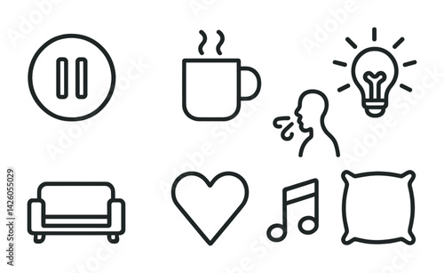 Simple linear icons set for relaxation: pause, coffee, sofa, pillow, music, heart, lightbulb, breathing