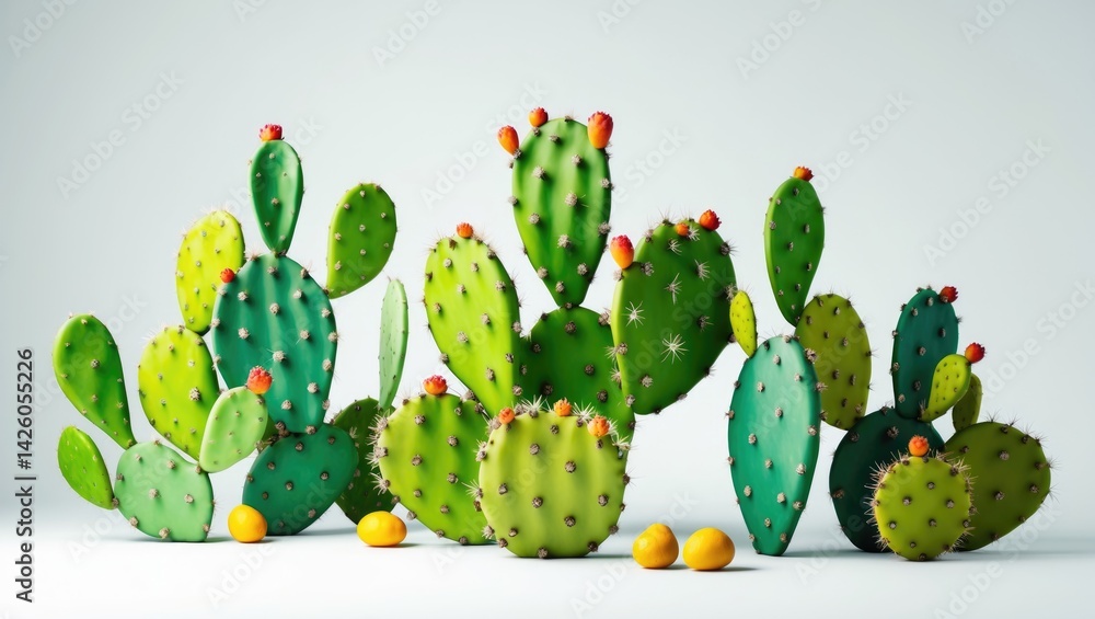 Opuntia cactus with fruits on a white background in a field setting Opuntia cactus with fruits on a white background in a field setting