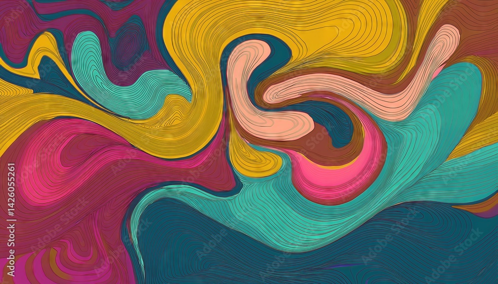 Vintage Abstraction in a Retro Atmosphere Groovy Textures Blend with Bold Colors and Grungy Patterns, Creating a Playful and Energetic Scene Perfect for Graphic Design and Artistic Inspiration.