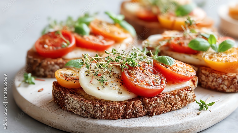 Delicious Bruschetta Toasted bread topped with creamy mozzarella, juicy tomatoes, and fresh herbs. A simple yet elegant appetizer. Delicious Bruschetta Toasted bread topped with creamy mozzarella, juicy tomatoes, and fresh herbs. A simple yet elegant appetizer.