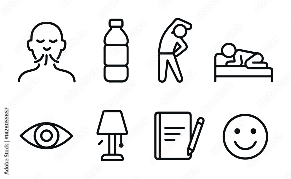 Wellness routine icon set: breathing, hydration, exercise, sleep, vision, relaxation