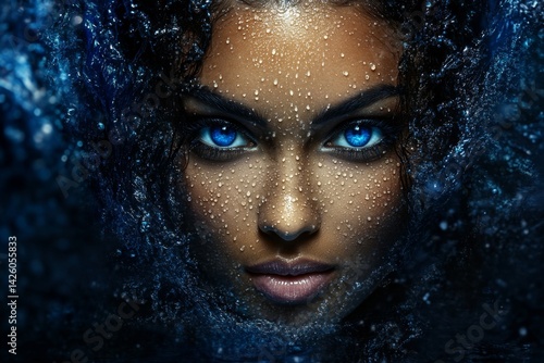 A close-up portrait of an attractive woman with blue eyes, standing underwater in the sea, with splashes and drops on her face. The style is hyper-realistic, with high detail, studio lighting,