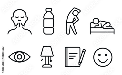 Obraz na płótnie Wellness routine icon set: breathing, hydration, exercise, sleep, vision, relaxation w salonie