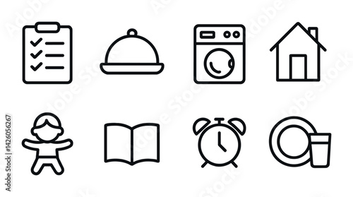 Daily life linear icon set: home, laundry, meals, reading, and more