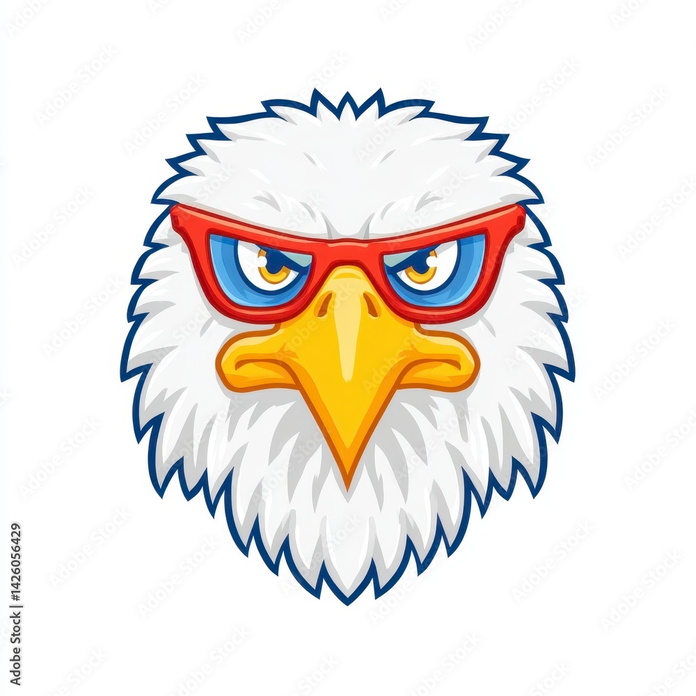 Fototapeta premium Cartoon Eagle Face with White Feathers and Red Sunglasses Vector Illustration