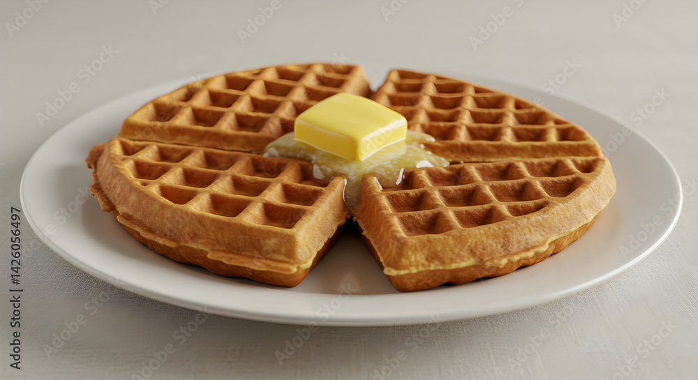 Golden Waffles With Melting Butter Served on White Plate Golden Waffles With Melting Butter Served on White Plate
