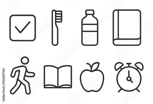Daily essentials icons set - outline style featuring basic necessities and activities