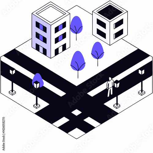 Isometric urban neighborhood with buildings, trees, and streetlights, creating vibrant community atmosphere. Isolate on white background, commercial use
