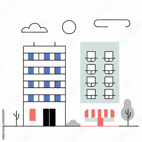 Modern apartment complex with balconies and storefront, showcasing minimalist design and vibrant colors. Isolate on white background, commercial use