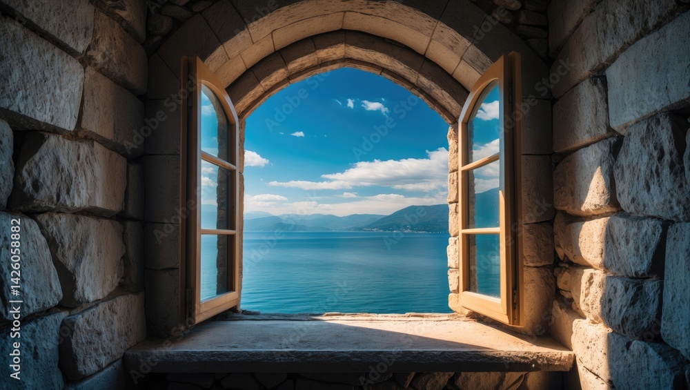 Fototapeta premium Open window overlooking a lake and mountain range