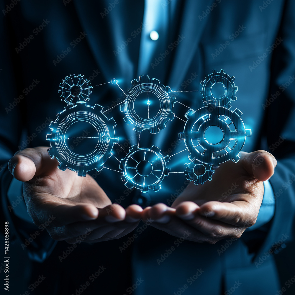 Empresário segurando uma rede de automação DevOps, representando a integração e otimização de processos tecnológicos e de negócios para maior eficiência e inovação