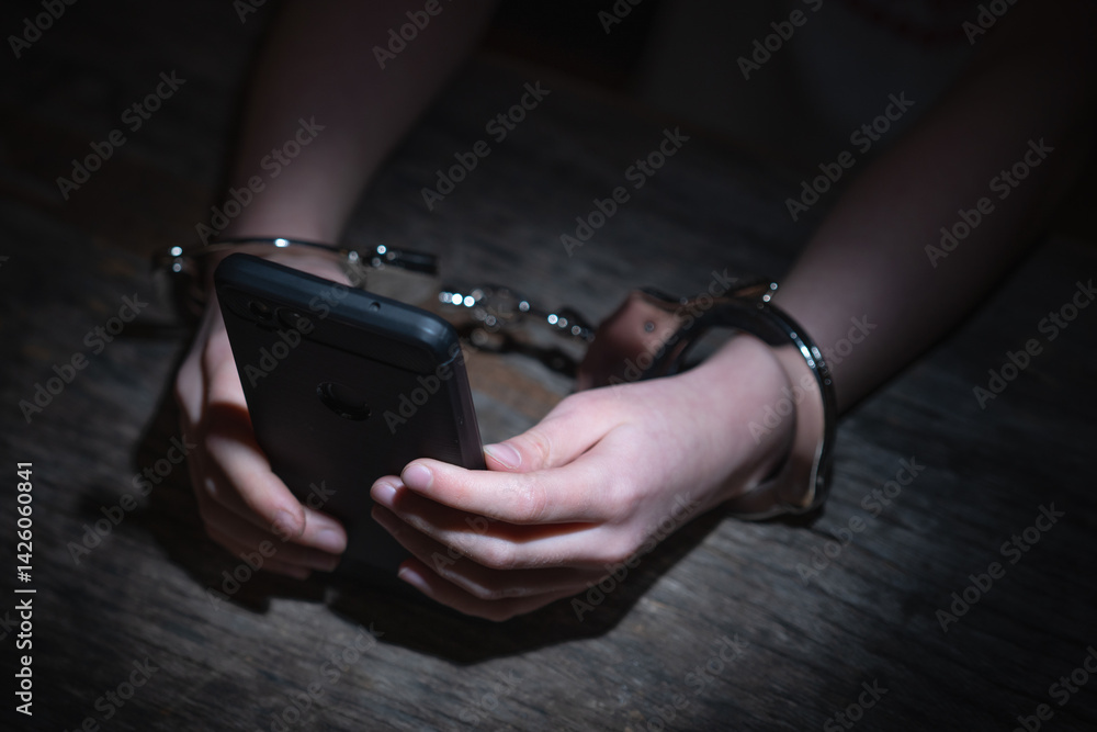 Gaming addiction concept. A young girl in handcuffs holds a smartphone in her hands as a symbol of young people's addiction to gadgets, games, and social networks. Gaming addiction concept. A young girl in handcuffs holds a smartphone in her hands as a symbol of young people's addiction to gadgets, games, and social networks.
