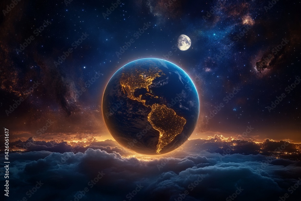 Obraz premium A view of Earth from space, the planet is lit up by city lights and stars in a dark sky. There are clouds on one side of it, and some landmass is visible at night. The moon shines brightly above