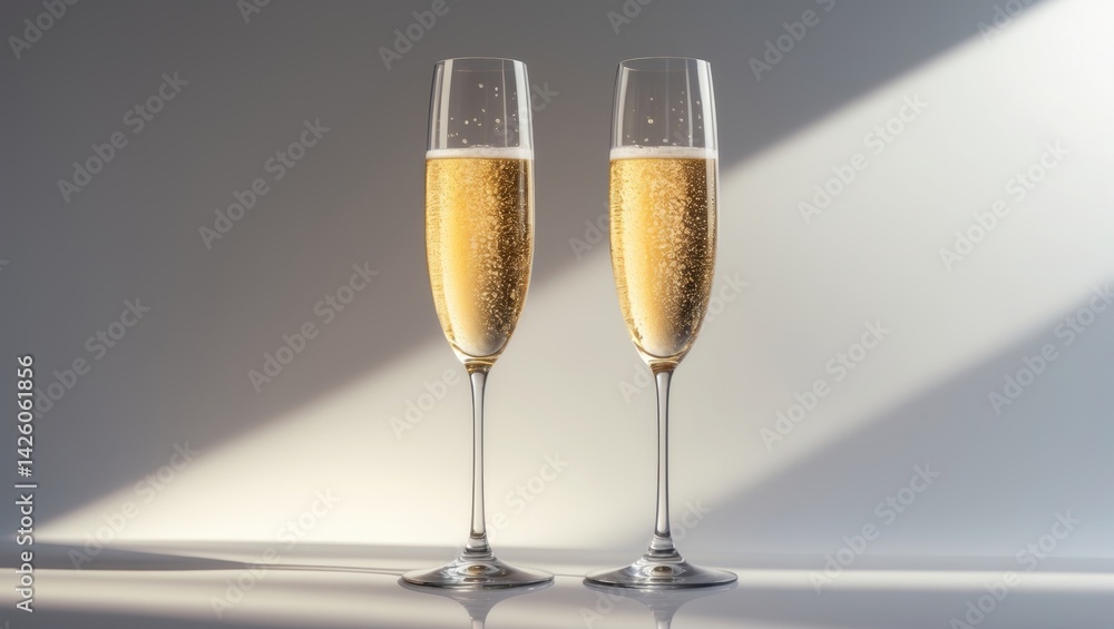 Isolated white background featuring a glass of bubbly champagne with gold accents Isolated white background featuring a glass of bubbly champagne with gold accents