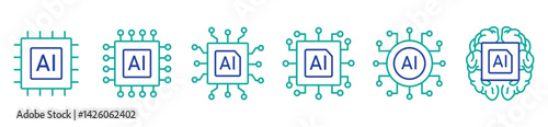 Ai chip icon set. computer microchip vector symbol. semiconductor micro chip hardware sign. robot brain artificial intelligence processor vector icons pack.