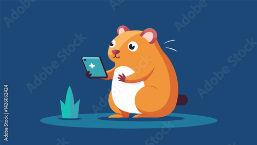 A curious hamster standing on its hind legs staring at the device as it sends a message to its owner asking for more bedding.. Vector illustration