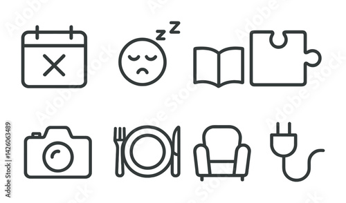 Daily life activities icons set: linear outline style