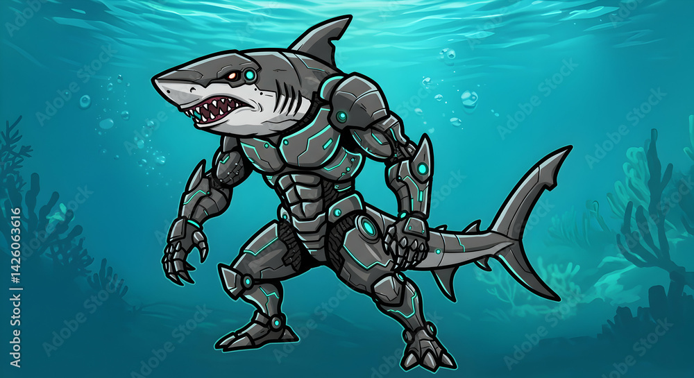 Obraz premium Robotic Shark Underwater Futuristic Marine Life Ocean Explorer Aquatic Predator Cyborg Fish Mech Suit Armored Apex