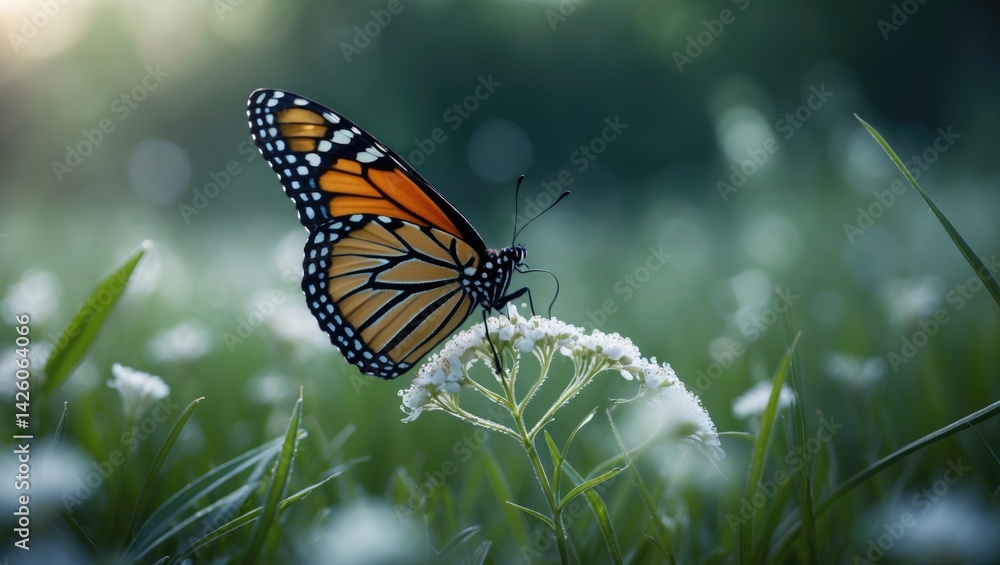 Obraz premium Close-up of a vibrant butterfly with intricate wing patterns resting on a dew-kissed grass blade in a lush garden