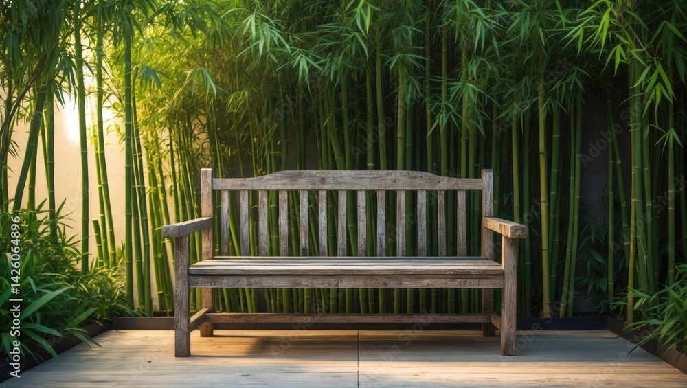 A rustic wooden bench amid lush green bamboo plants, forming a peaceful outdoor setting for relaxation A rustic wooden bench amid lush green bamboo plants, forming a peaceful outdoor setting for relaxation