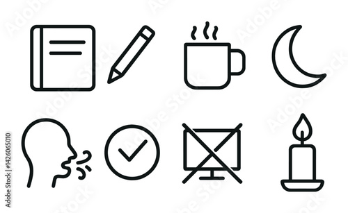 Sleep routine icon set: flat linear style for relaxation and nighttime activities