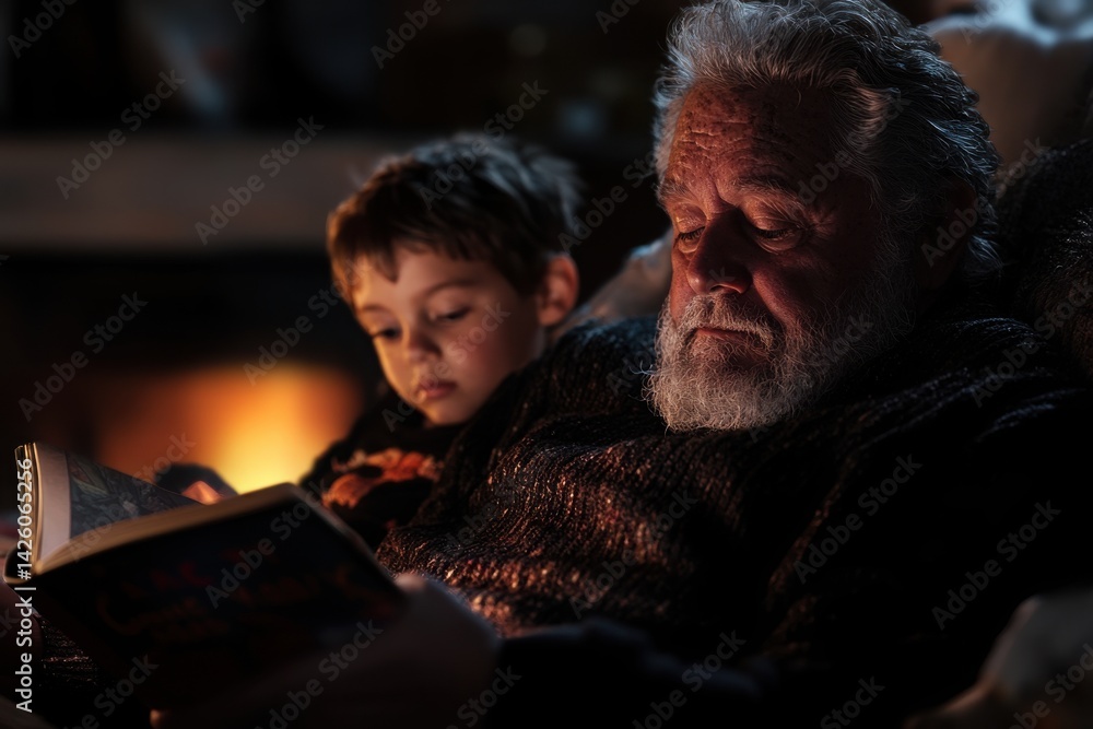 Cozy Reading by Firelight: A heartwarming scene unfolds as an elder man reads a book to a young boy in the warm embrace of a crackling fireplace, creating a sense of intimacy, and storytelling. Cozy Reading by Firelight: A heartwarming scene unfolds as an elder man reads a book to a young boy in the warm embrace of a crackling fireplace, creating a sense of intimacy, and storytelling.