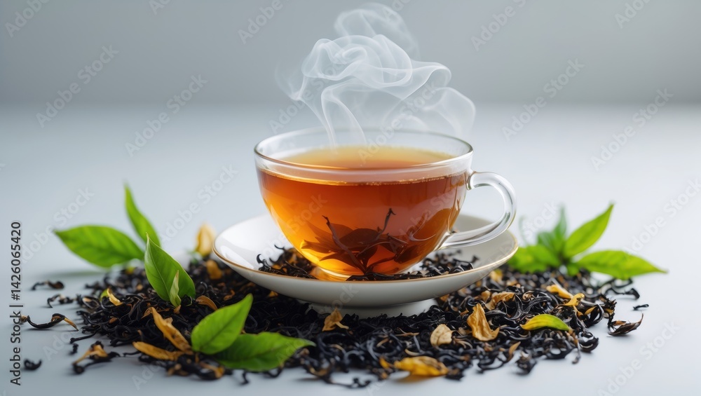 A tea cup with brewed tea on a plain white background A tea cup with brewed tea on a plain white background