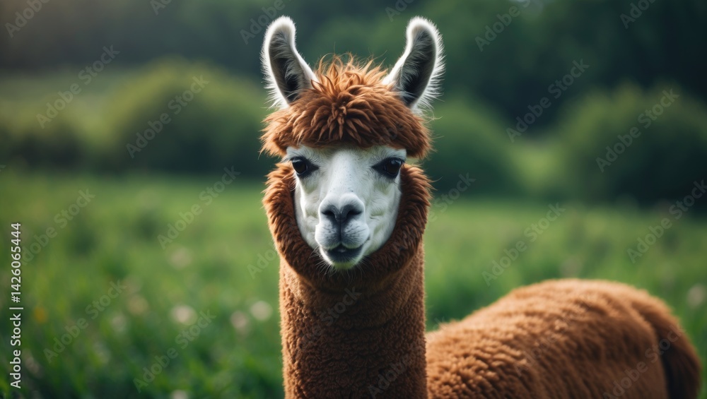 Obraz premium Close-up of a brown huacaya alpaca's face in a sunny farm setting