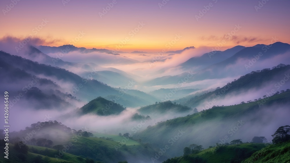 Mountain sunrise panorama with foggy valleys Mountain sunrise panorama with foggy valleys