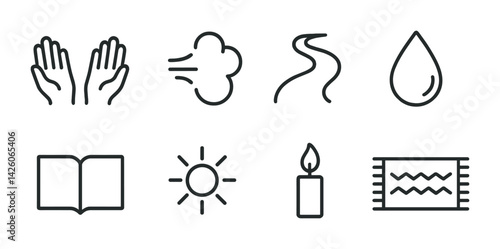 Religious ritual icons set: spiritual elements in flat linear design