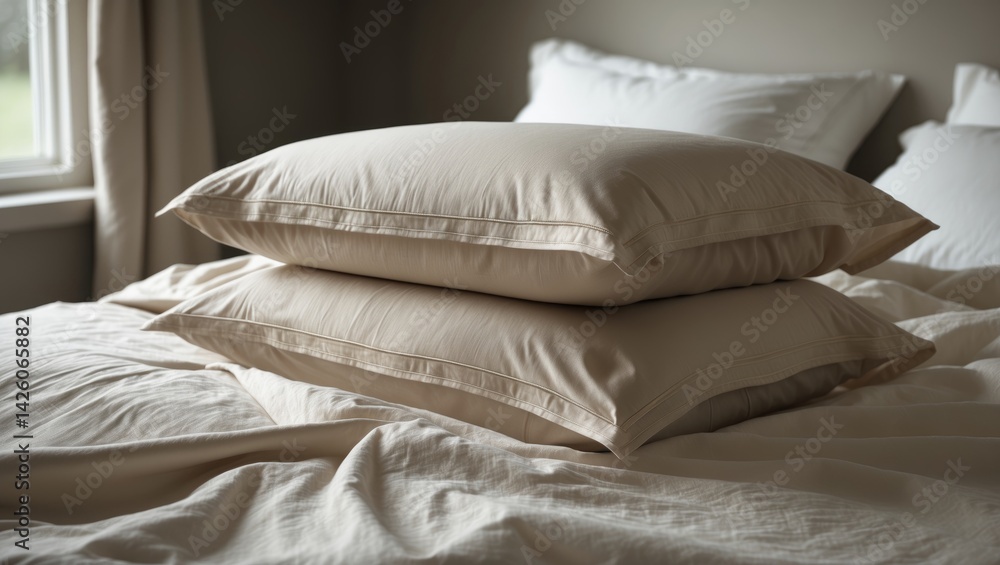 Fototapeta premium Stack of beige bed linen duvet cover and pillowcases with borders in a cozy interior