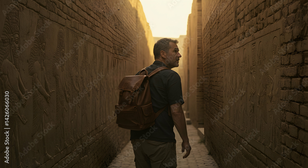 Fototapeta premium Explorer amidst ancient Egyptian ruins discovers hidden passage filled with hieroglyphs and historical artifacts
