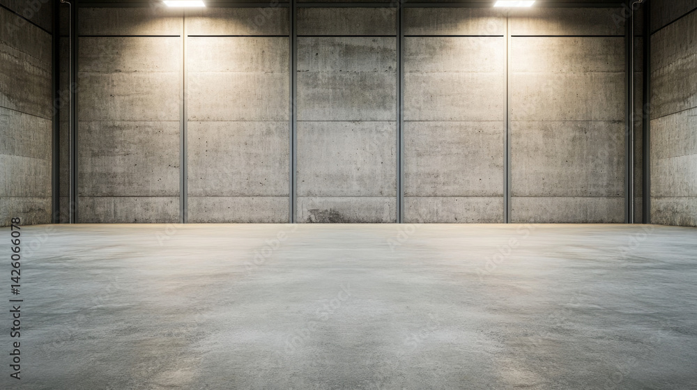 spacious warehouse interior featuring two concrete walls and smooth, polished floor, illuminated by overhead lights, creating modern and industrial atmosphere spacious warehouse interior featuring two concrete walls and smooth, polished floor, illuminated by overhead lights, creating modern and industrial atmosphere