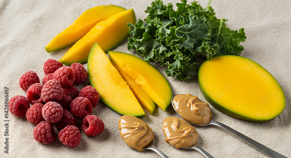 Vibrant Display Of Fresh Fruits Accompanied By Nut Butter On Spoons Vibrant Display Of Fresh Fruits Accompanied By Nut Butter On Spoons