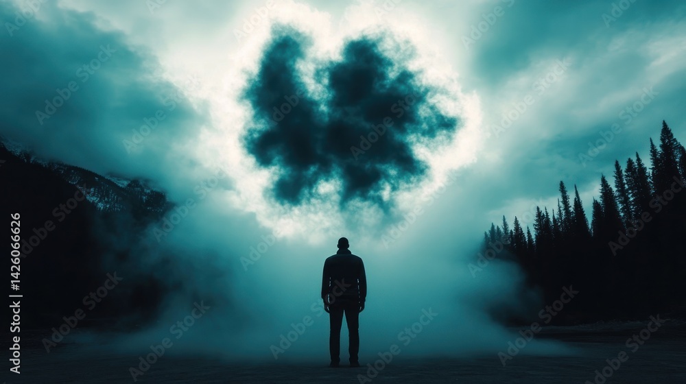 Man contemplates dark cloud, misty forest Man contemplates dark cloud, misty forest