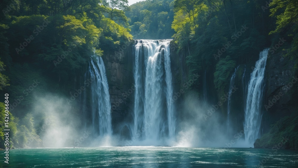 Fototapeta premium Main waterfall cascade panorama at river