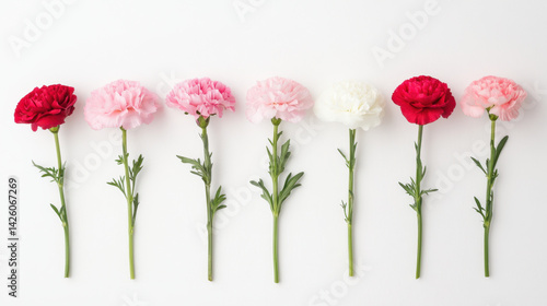 Beautifully arranged carnations various shades of red, pink, and white, showcasing their delicate petals and green stems against clean white background. This vibrant display evokes feelings of joy
