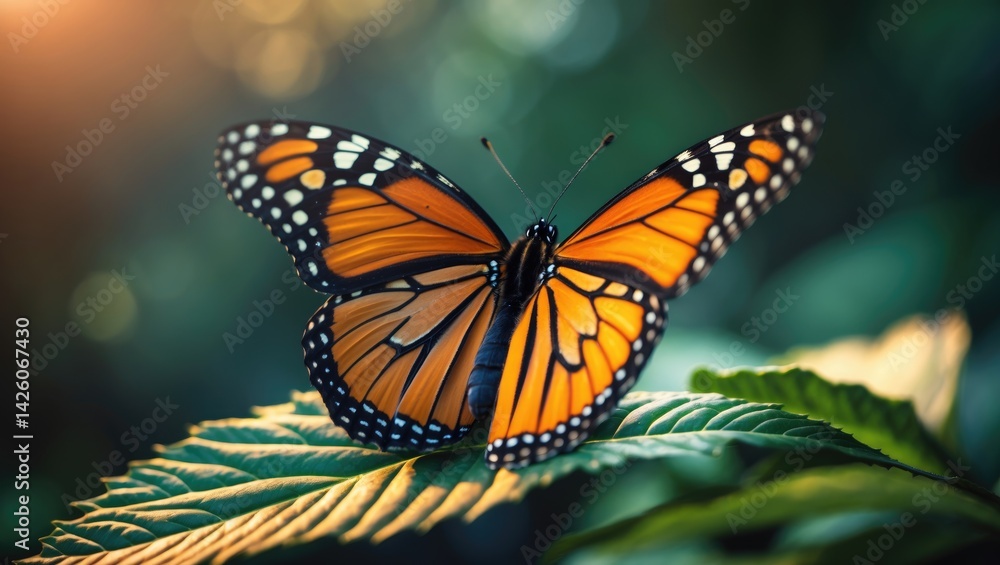 Fototapeta premium Close-up of a Monarch butterfly resting on a leaf's pattern
