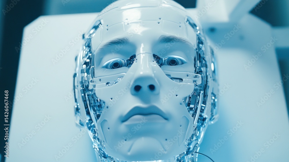 Robotic head, lab, blue light, awakening, AI Robotic head, lab, blue light, awakening, AI